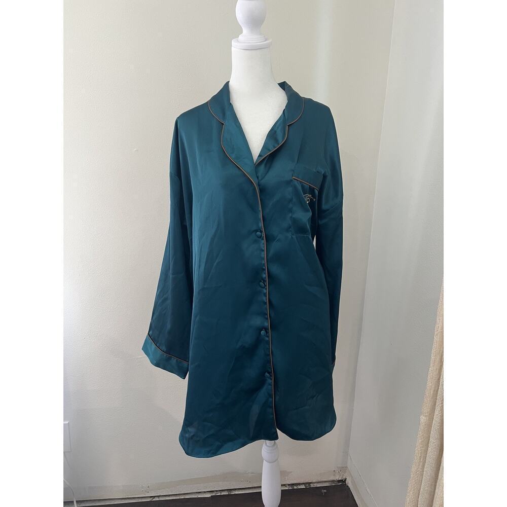 Vintage Victoria's Secret Gold Label Satin Pajama Shirt Dress Green Monogramed